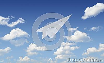 Airplane paper flying in blue sky, leader concept Stock Photo