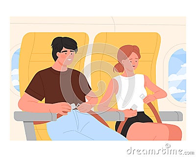 Airplane passengers fasten belt during flight Cartoon Illustration