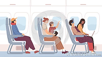 Airplane passengers sitting on chairs in plane cabin during air flight. Side view of people on seats traveling by Vector Illustration