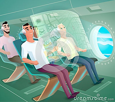 Happy Airline Clients in Futuristic Plane Vector Vector Illustration