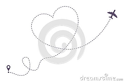 Love airplane dotted line path. Air plane route in heart form, hearted aircraft way. Vector Vector Illustration