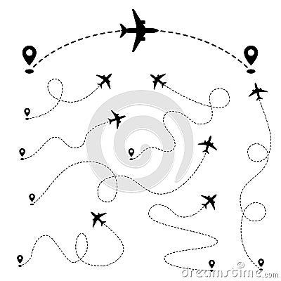Airplane paths. Plane dashed tracing line from point. Vector set Vector Illustration