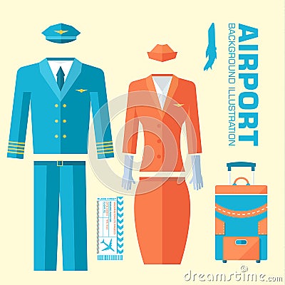 Airplane pilot and stewardess uniform on flat Vector Illustration