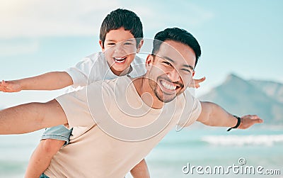 Airplane, portrait and father with boy child at a beach with freedom, fun and bonding in nature. Flying, love and face Stock Photo