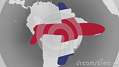 Airplane puzzle featuring flag of Costa Rica against the world map. Tourism conceptual 3D rendering Stock Photo