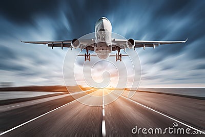 Airplane and road with motion blur effect at sunset. Stock Photo