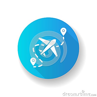 Airplane route blue flat design long shadow glyph icon. Plane destination with GPS pointer. Location for aeroplane Vector Illustration