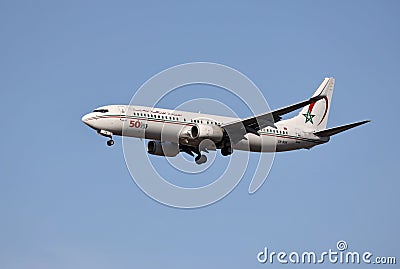 A airplane of Royal Air Maroc flying in the sky Editorial Stock Photo