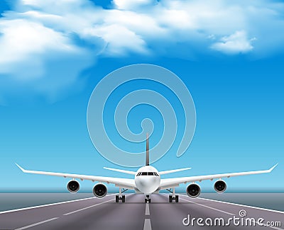 Airplane On Runway Realistic Poster Vector Illustration