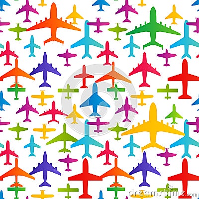 Airplane seamless background. Aircraft transportation colorful pattern template. Aviation vector repeatable texture. Vector Illustration