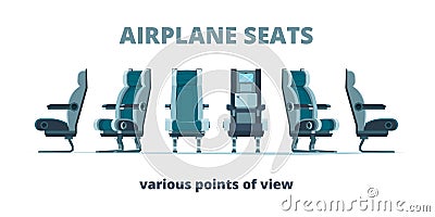 Airplane seat. Aircraft interior armchairs in different side view vector flat pictures Vector Illustration