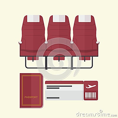 Airplane seat with passport and boarding pass in flat design . Vector Illustration