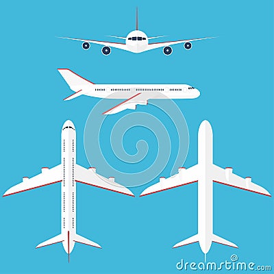 Airplane set in the sky. Commercial airplane in side, top, front and bottom view Vector Illustration