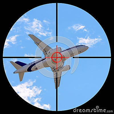 Airplane in the sight of anti-aircraft weapons. Missile defense system aimed at passenger plane in the sky. The unidentified plane Stock Photo