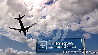 Plane landing in Lilongwe Malawi airport with signboard Cartoon Illustration