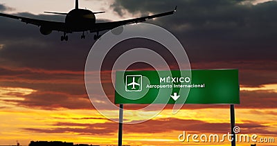 Plane landing in Mexico with signboard Cartoon Illustration
