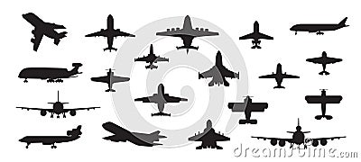 Airplane silhouette. Military jet plane and civil aviation passenger and cargo aircraft isolated on white. Vector air Vector Illustration