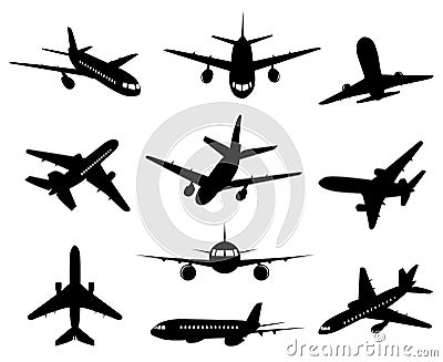 Airplane silhouette. Passenger plane landing, back front and bottom views, aircraft jet silhouettes isolated vector Vector Illustration