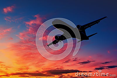 Airplane silhouette in the sky at sunset Stock Photo