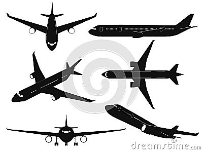 Airplane silhouettes. Passenger aircraft in different angles, flying plane top, side and front view. International Vector Illustration