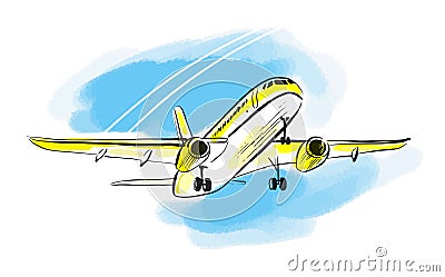 Airplane sketch in blue sky. Aircraft in minimalistic style with colored accents on sky and sunlight on plane. Hand draw Vector Illustration