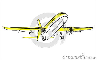 Airplane sketch in sky. Aircraft in minimalistic style with colored accents sunlight on plane. Hand draw line art Vector Illustration