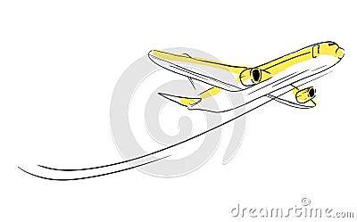 Airplane sketch skyward in sky. Aircraft in minimalistic style with colored accents sunlight on plane. Hand draw line Vector Illustration