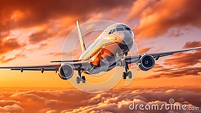 Airplane in the sky. Beautiful sunset. Stock Photo