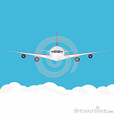 Airplane in the sky. Commercial airplane in front view Vector Illustration