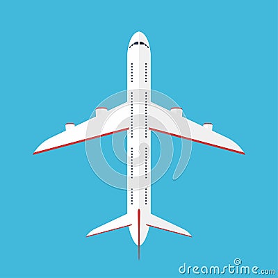 Airplane in the sky. Commercial airplane in top view, view from above Vector Illustration