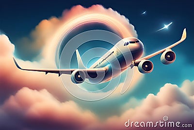 airplane in sky doing loop through a cloud shaped infinit symbol Stock Photo