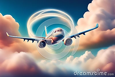 airplane in sky doing loop through a cloud shaped infinit symbol Stock Photo