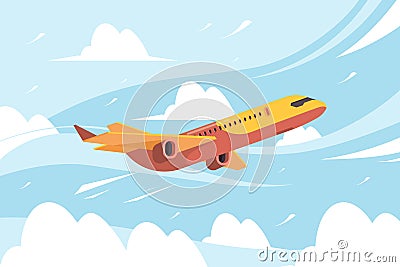 Airplane in sky. Flying civil aircraft transport in clouds vector flat background Vector Illustration