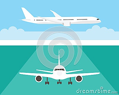 Airplane in the sky and on the runway. Airliner in side and front view. Flat style. Vector Illustration