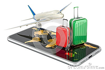 Airplane with suitcases on the mobile phone with Earth map on the phone screen, 3D rendering Stock Photo