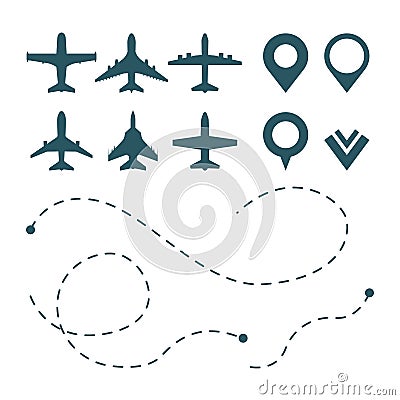 Airplane symbols. avia transport pictograms. route shape traces map points vector aircraft silhouette Vector Illustration