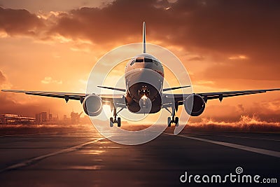 Airplane takeoff at sunset. Generative AI Stock Photo