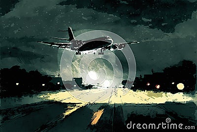 Airplane takes off at night on runway drawing with bit of watercolour Stock Photo