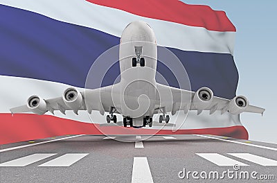 Airplane taking off against the background of the flag Thailand Stock Photo