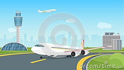 Airplane taking off from airport runway, passenger aircraft takeoff, landscape airfield Vector Illustration