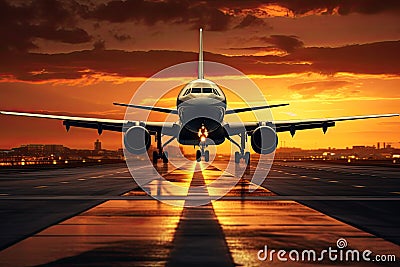 Airplane taking off from the runway at sunset. 3D rendering, A large jetliner taking landing an airport runway at sunset or dawn Stock Photo