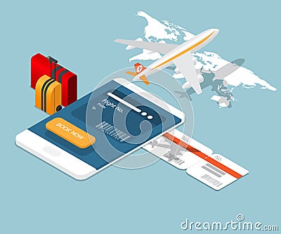 Airplane ticket online booking on smartphone Vector Illustration