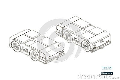 Airplane towing vehicle in isometric style. Outline blueprint. Repair and maintenance of aircraft. Airfield transport Vector Illustration