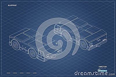 Airplane towing vehicle in isometric style. Outline blueprint. Repair and maintenance of aircraft Vector Illustration