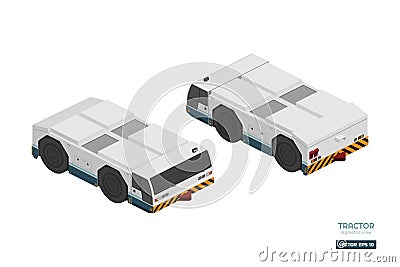 Airplane towing vehicle in isometric style. Repair and maintenance of aircraft. Airfield transport. Industrial drawing Vector Illustration
