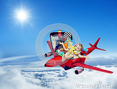 Airplane Travel, Baby Kid Packed Suitcase, Child Flying Plane Stock Photo