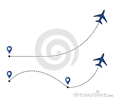 Airplane travel concept with map pins, GPS points. Line path icon. Flight start point icon Vector Illustration