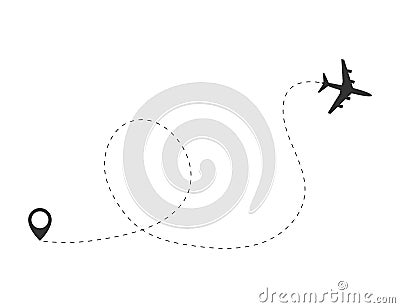Airplane travel concept. Plane with destinations points and dash route line. Vector Illustration
