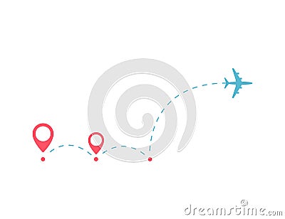 Airplane travel concept. Plane with destinations points and dash route line. Vector Illustration