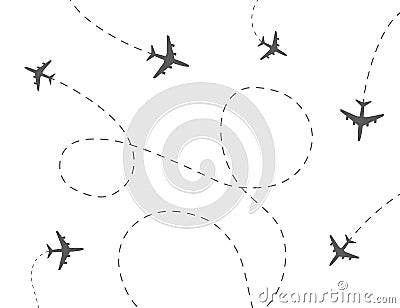 Airplane travel concept. Plane with destinations points and dash route line. Vector Illustration